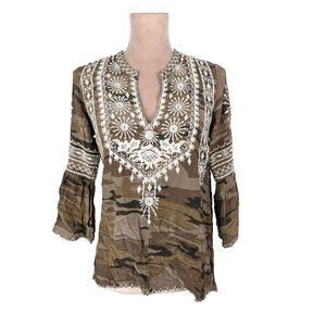 Johnny Was Olive Green Camo Tunic with White Embroidery